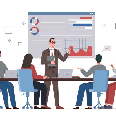 Team communication concept. Men and women with graphs and charts. Presentation and brainstorming, board of directors. Collaboration and cooperation metaphor. Cartoon flat vector illustration